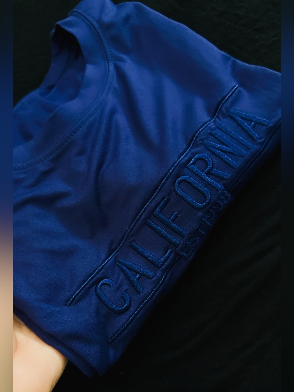 NWOT Blue Top with 'CALIFORNIA' Embroidered Panel 1st photo is actual color